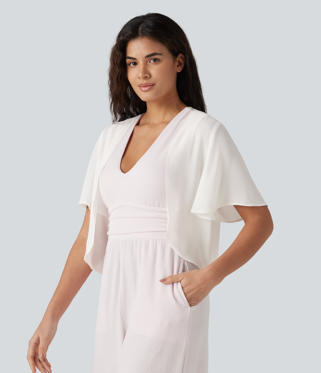 Flounce Short Sleeve Casual Chiffon Coat — White Alyssum — view 3