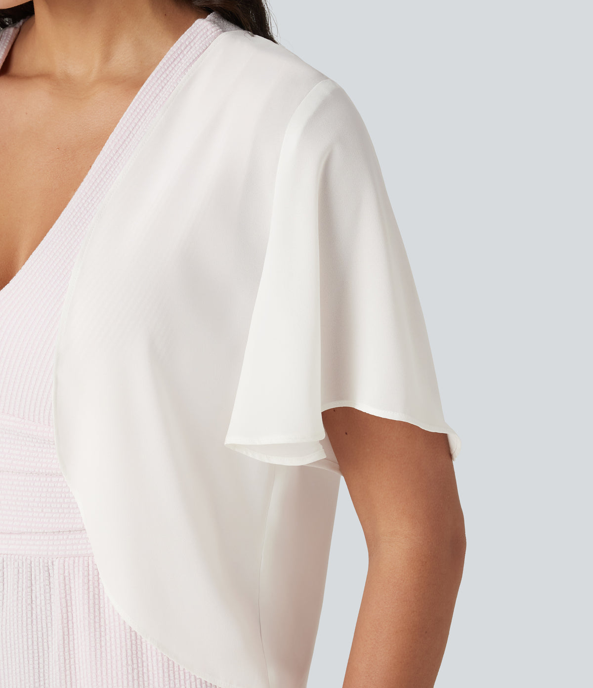 Flounce Short Sleeve Casual Chiffon Coat — White Alyssum — view 5