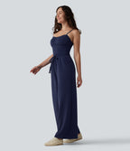 SpacerTek Removable Straps Drawstring Built-in Bra Casual Jumpsuit with Pockets — Peacoat — view 3