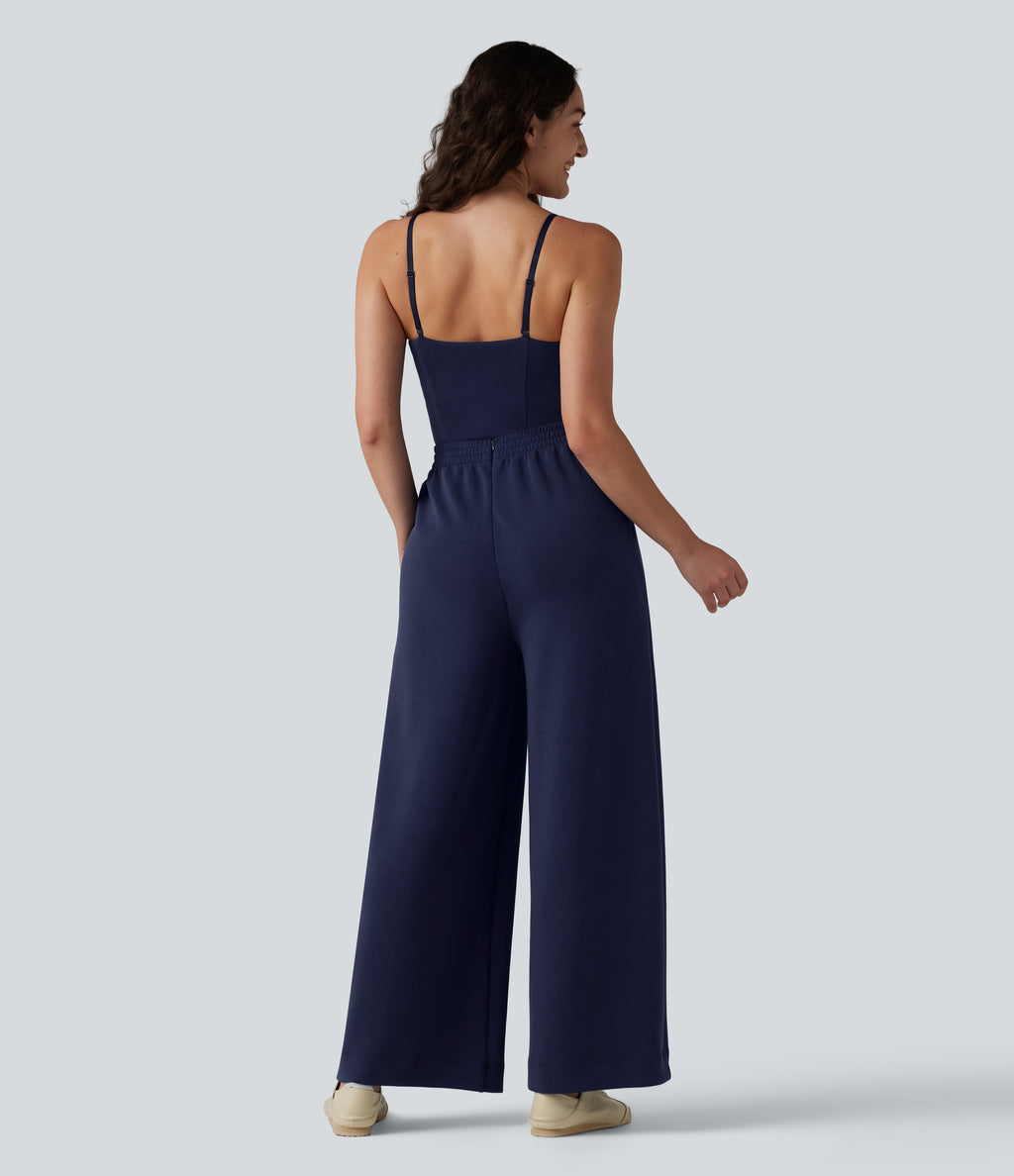 SpacerTek Removable Straps Drawstring Built-in Bra Casual Jumpsuit with Pockets — Peacoat — view 2