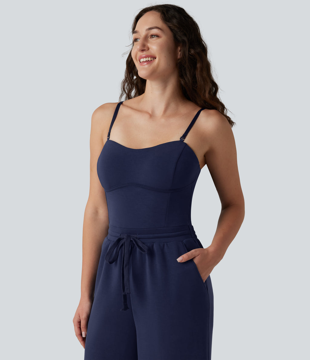 SpacerTek Removable Straps Drawstring Built-in Bra Casual Jumpsuit with Pockets — Peacoat — view 5