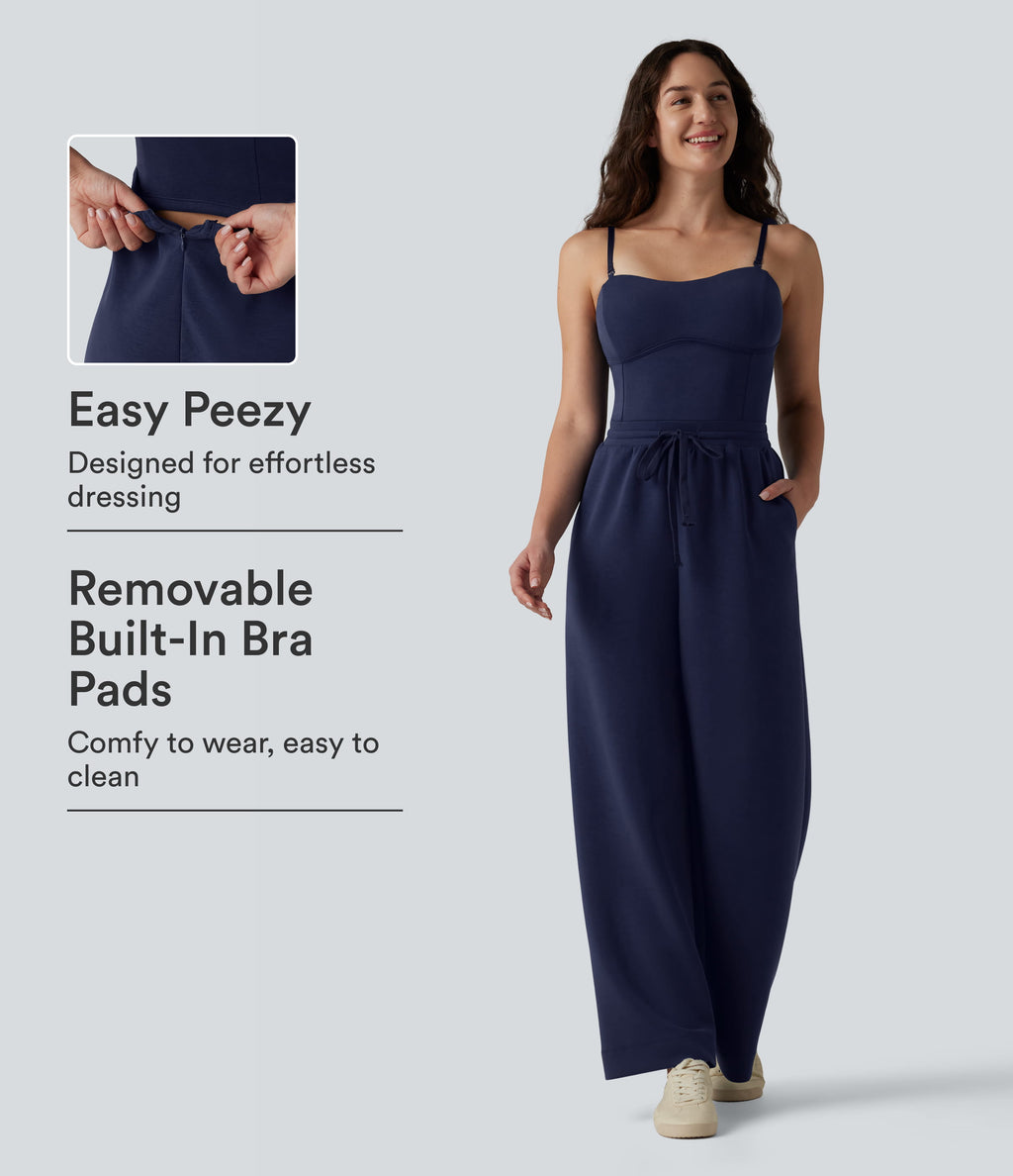 SpacerTek Removable Straps Drawstring Built-in Bra Casual Jumpsuit with Pockets — Peacoat — view 1