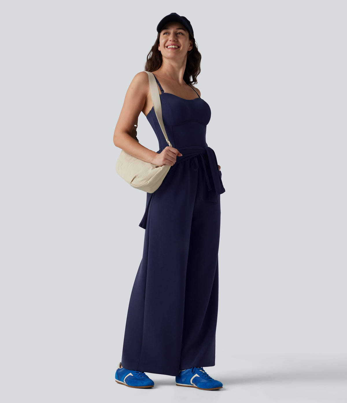 SpacerTek Removable Straps Drawstring Built-in Bra Casual Jumpsuit with Pockets — Peacoat — view 7