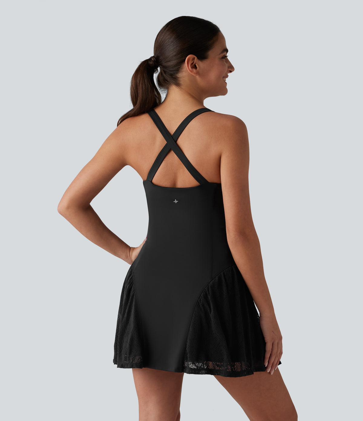 Airy Crisscross Back Contrast Lace Built-in Bra InstantCool Tennis Active Dress with Pockets — Black — view 2
