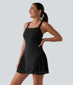 Airy Crisscross Back Contrast Lace Built-in Bra InstantCool Tennis Active Dress with Pockets — Black — view 3
