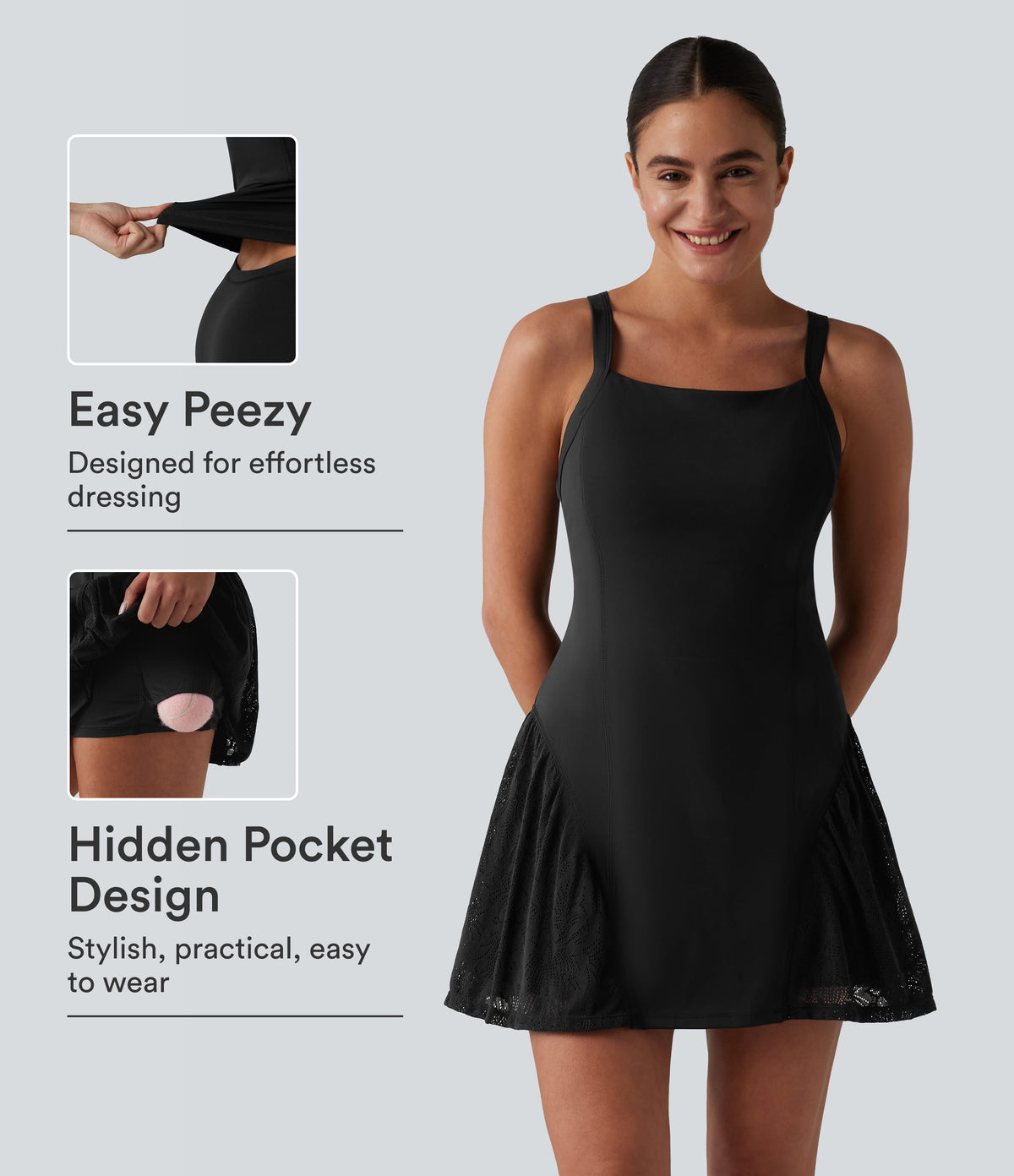 Airy Crisscross Back Contrast Lace Built-in Bra InstantCool Tennis Active Dress with Pockets — Black — view 1