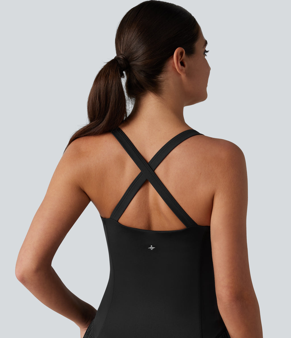 Airy Crisscross Back Contrast Lace Built-in Bra InstantCool Tennis Active Dress with Pockets — Black — view 7
