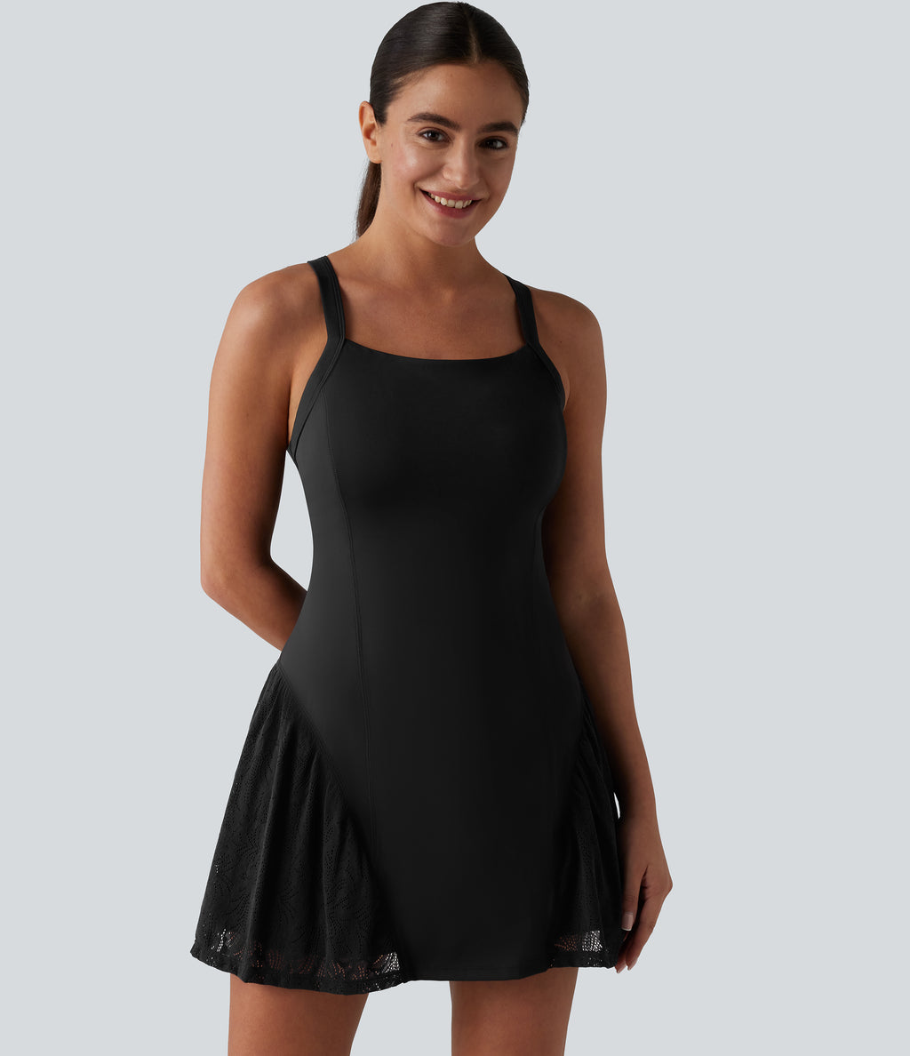 Airy Crisscross Back Contrast Lace Built-in Bra InstantCool Tennis Active Dress with Pockets — Black — view 8