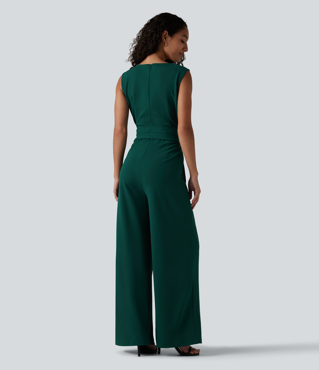 Wrinkle Recovery Boat Neck Sleeveless Tie-side Work Jumpsuit with Pockets — Rain Forest — view 2