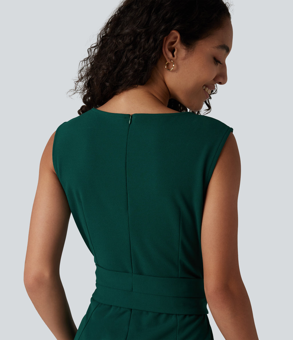 Wrinkle Recovery Boat Neck Sleeveless Tie-side Work Jumpsuit with Pockets — Rain Forest — view 6