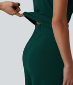 Wrinkle Recovery Boat Neck Sleeveless Tie-side Work Jumpsuit with Pockets — Rain Forest — view 4