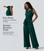 Wrinkle Recovery Boat Neck Sleeveless Tie-side Work Jumpsuit with Pockets — Rain Forest — view 1