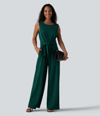 Wrinkle Recovery Boat Neck Sleeveless Tie-side Work Jumpsuit with Pockets — Rain Forest — view 7