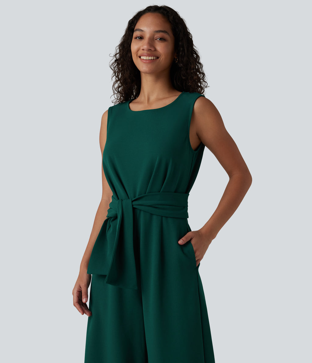 Wrinkle Recovery Boat Neck Sleeveless Tie-side Work Jumpsuit with Pockets — Rain Forest — view 5