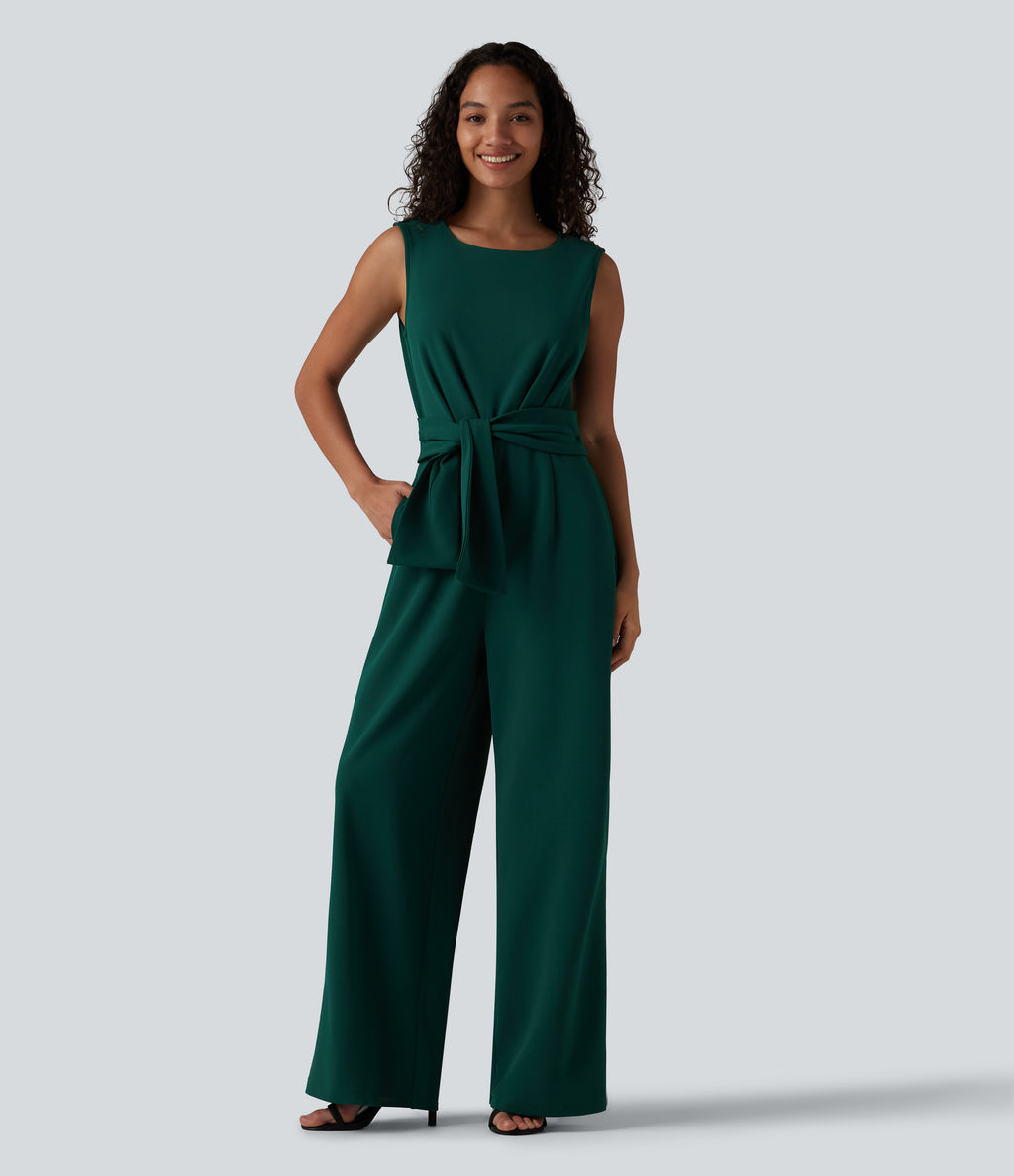 Wrinkle Recovery Boat Neck Sleeveless Tie-side Work Jumpsuit with Pockets — Rain Forest — view 3