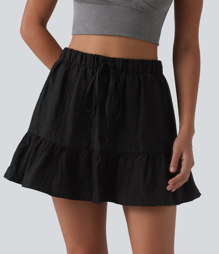 High Waisted Drawstring 2-in-1 Ruffle Hem Embroidery Resort A-line Skirt with Pocket — Black — view 1