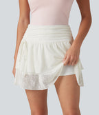 High Waisted Drawstring 2-in-1 Casual Tiered Lace Skirt — White — view 4
