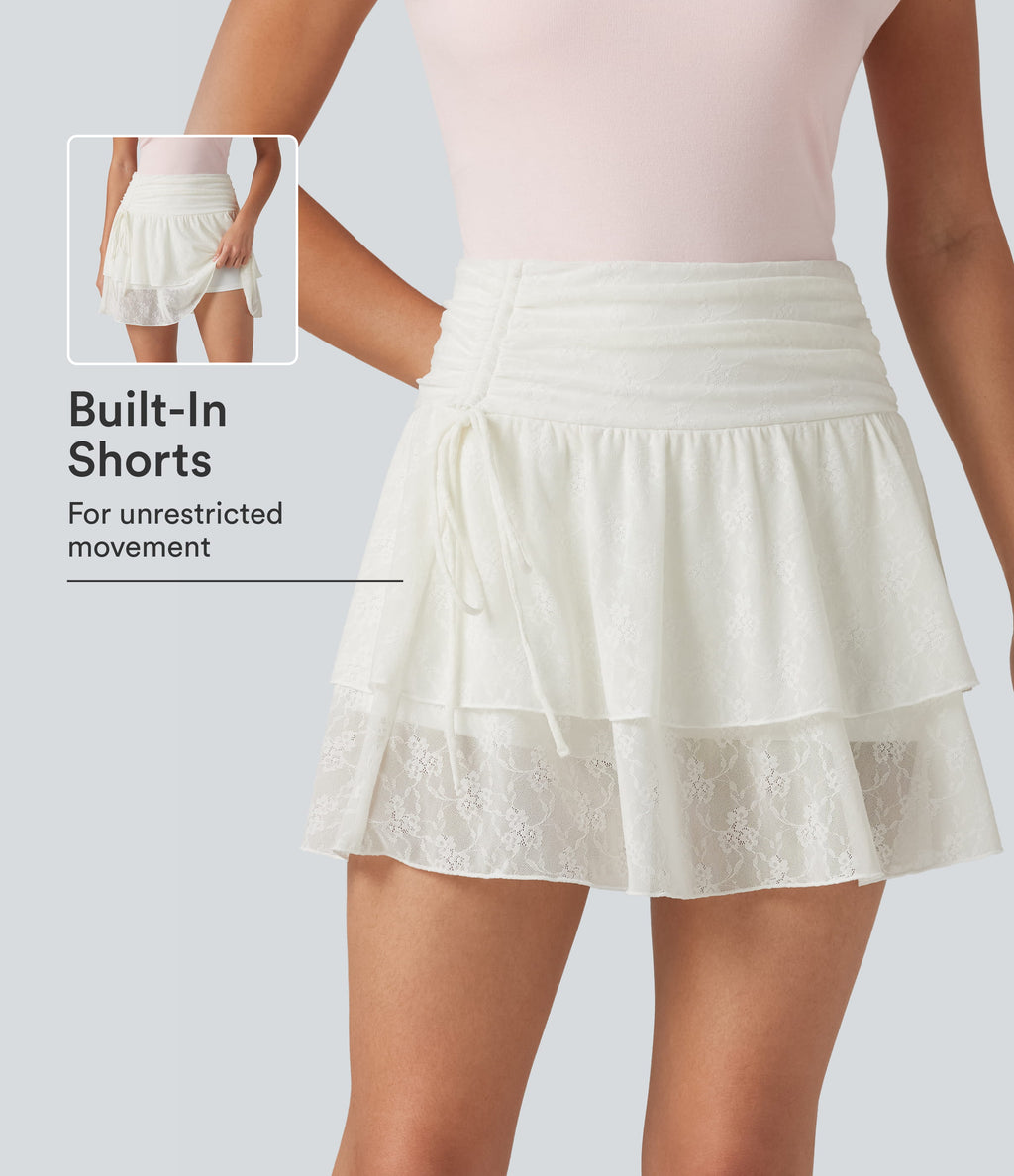 High Waisted Drawstring 2-in-1 Casual Tiered Lace Skirt — White — view 1