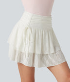 High Waisted Drawstring 2-in-1 Casual Tiered Lace Skirt — White — view 6