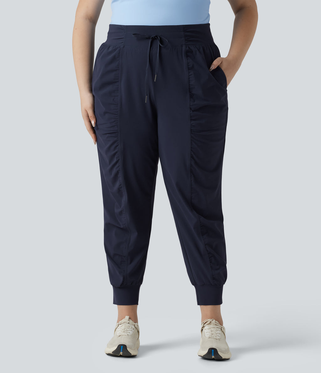 Plus Size High Waisted Drawstring Ruched Tapered Quick Dry Cool Touch Dance Joggers with Pockets-UPF40+ — Peacoat — view 1
