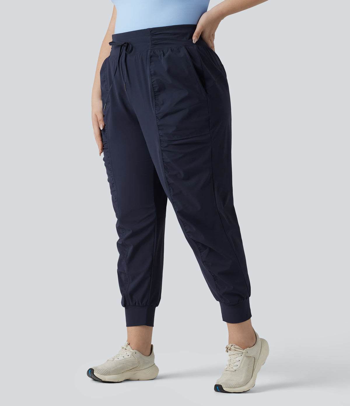 Plus Size High Waisted Drawstring Ruched Tapered Quick Dry Cool Touch Dance Joggers with Pockets-UPF40+ — Peacoat — view 3