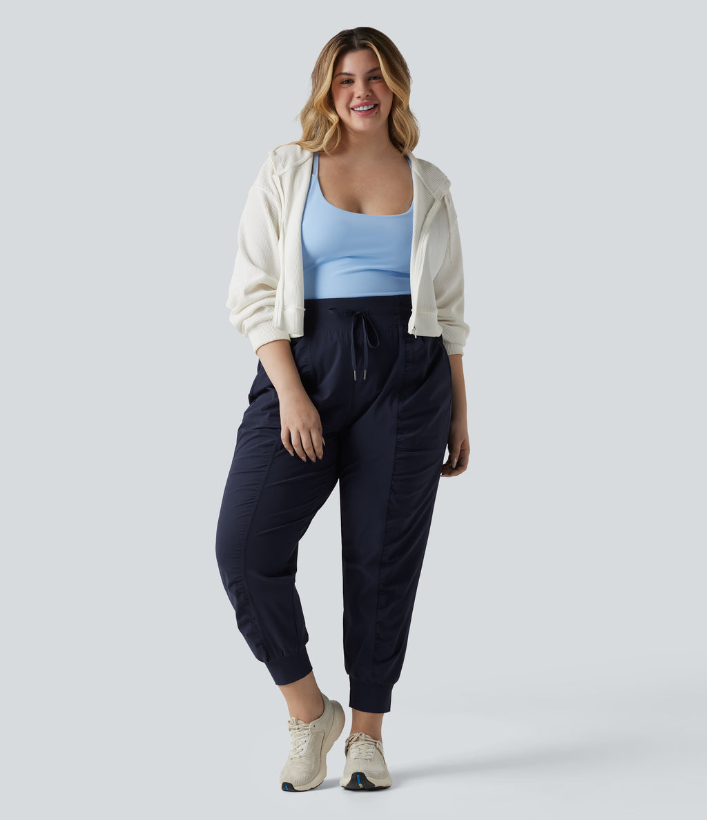 Plus Size High Waisted Drawstring Ruched Tapered Quick Dry Cool Touch Dance Joggers with Pockets-UPF40+ — Peacoat — view 6