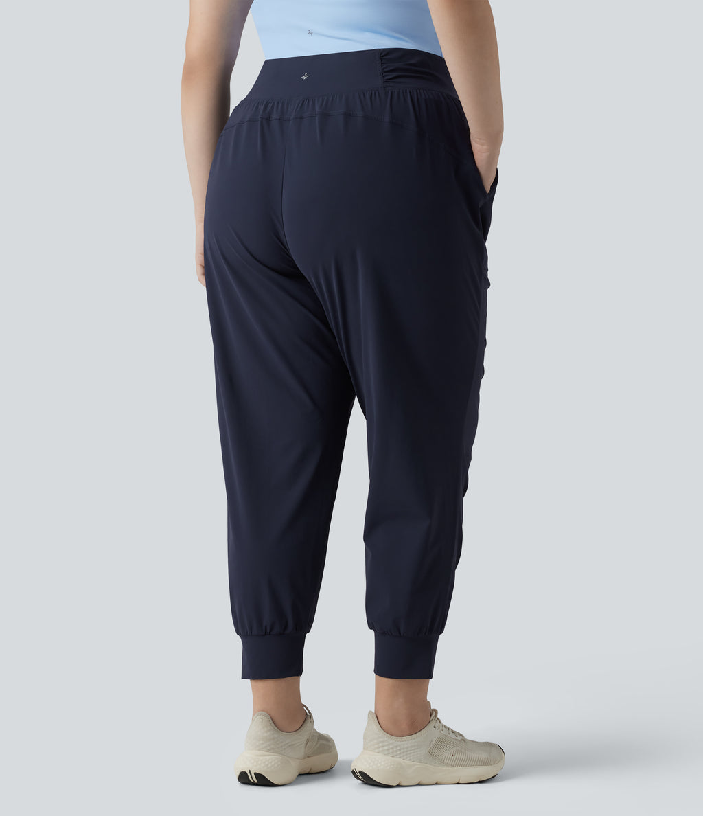 Plus Size High Waisted Drawstring Ruched Tapered Quick Dry Cool Touch Dance Joggers with Pockets-UPF40+ — Peacoat — view 2