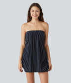 Halter Tie Back Built-in Bra Bodycon Stripe Micro Mini Dress — Navy Dual Stripe — view 5