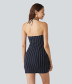 Halter Tie Back Built-in Bra Bodycon Stripe Micro Mini Dress — Navy Dual Stripe — view 3