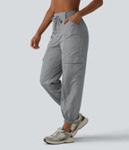 High Waisted Drawstring Tapered Workout Cargo Joggers with Pockets — Chiseled Stone — view 3