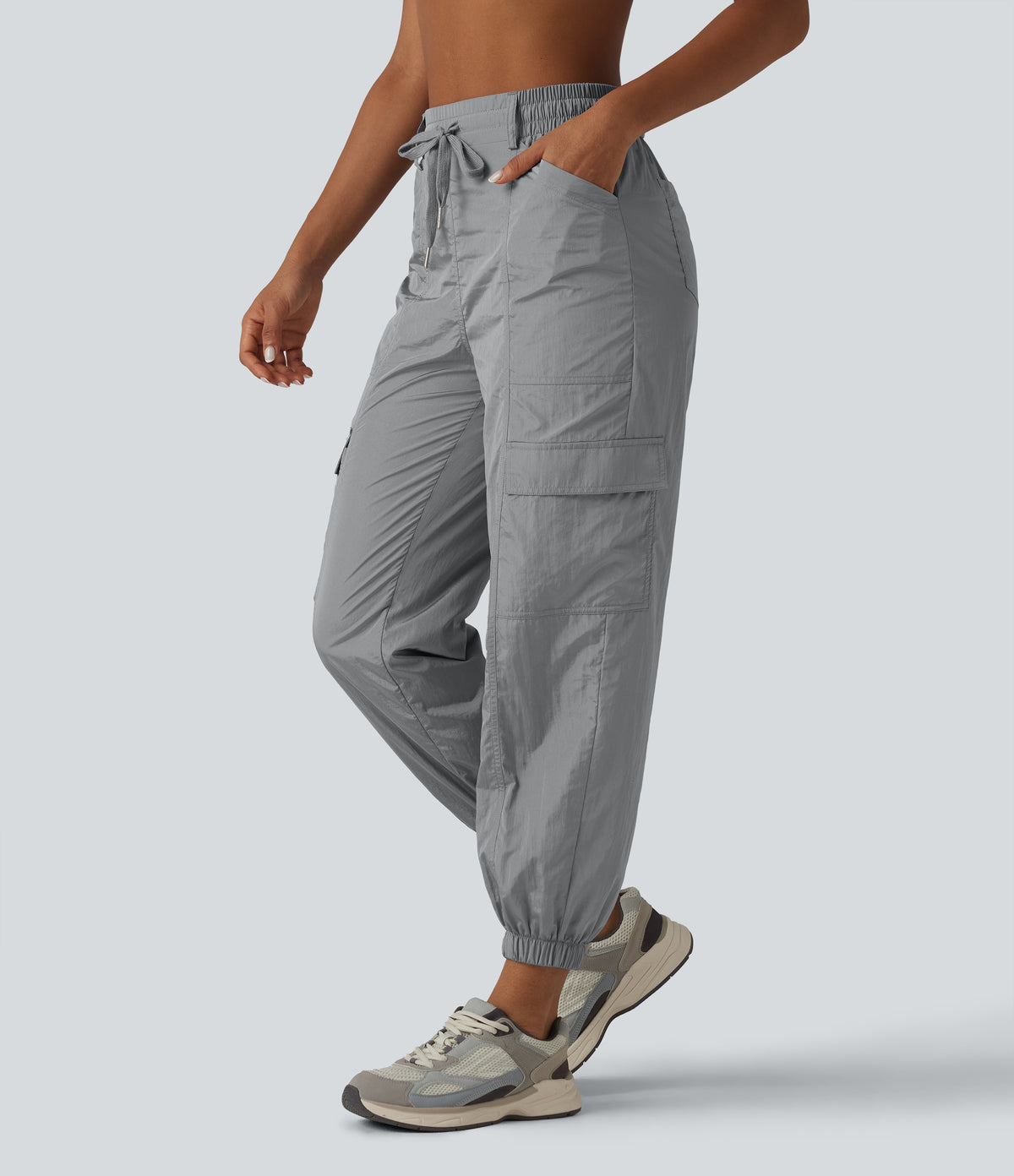 High Waisted Drawstring Tapered Workout Cargo Joggers with Pockets — Chiseled Stone — view 3