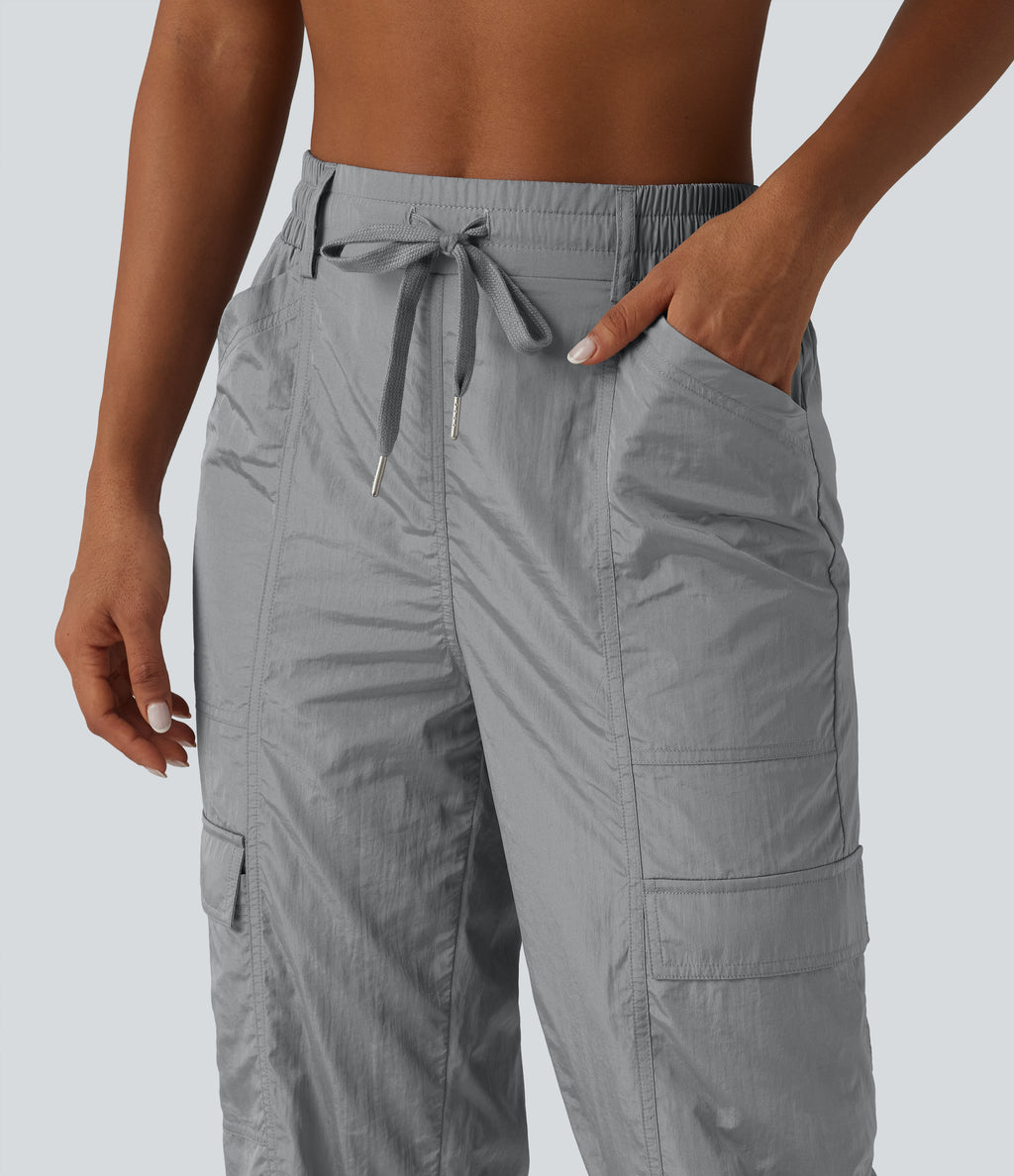 High Waisted Drawstring Tapered Workout Cargo Joggers with Pockets — Chiseled Stone — view 4