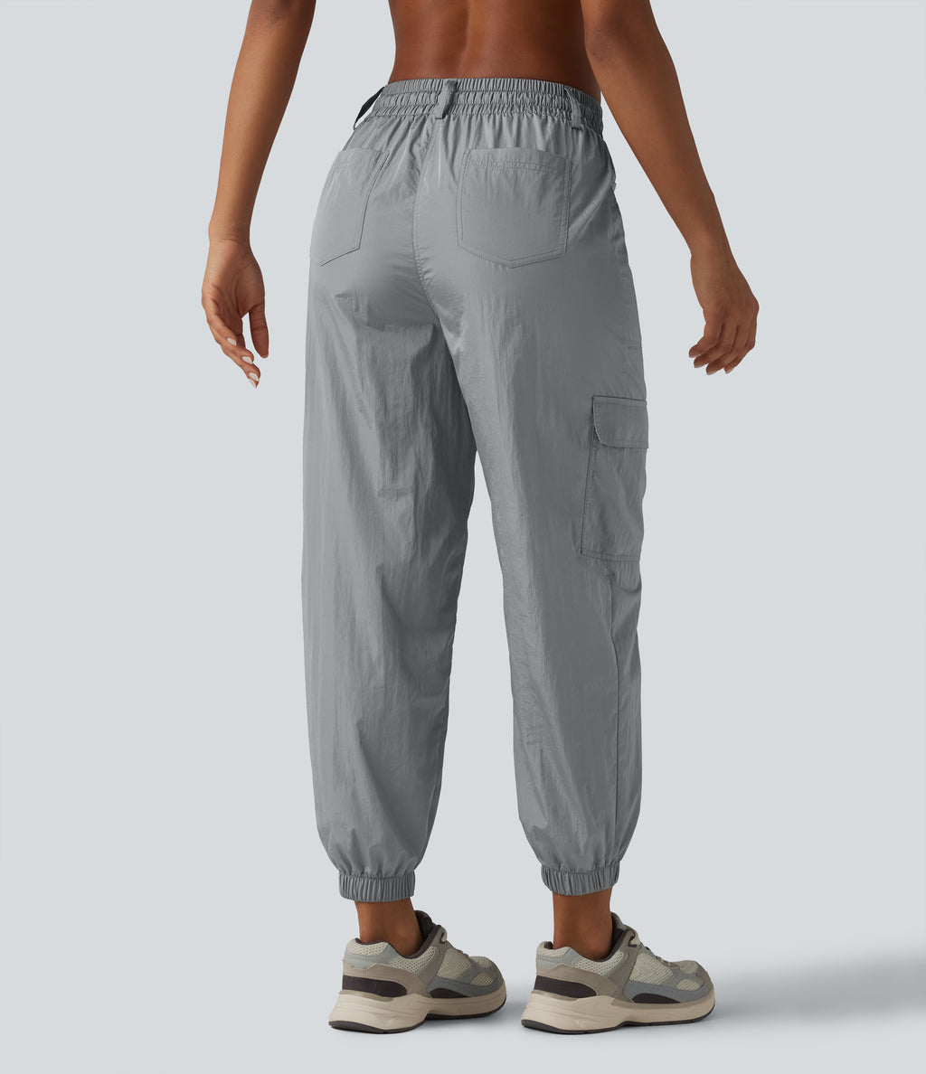 High Waisted Drawstring Tapered Workout Cargo Joggers with Pockets — Chiseled Stone — view 2