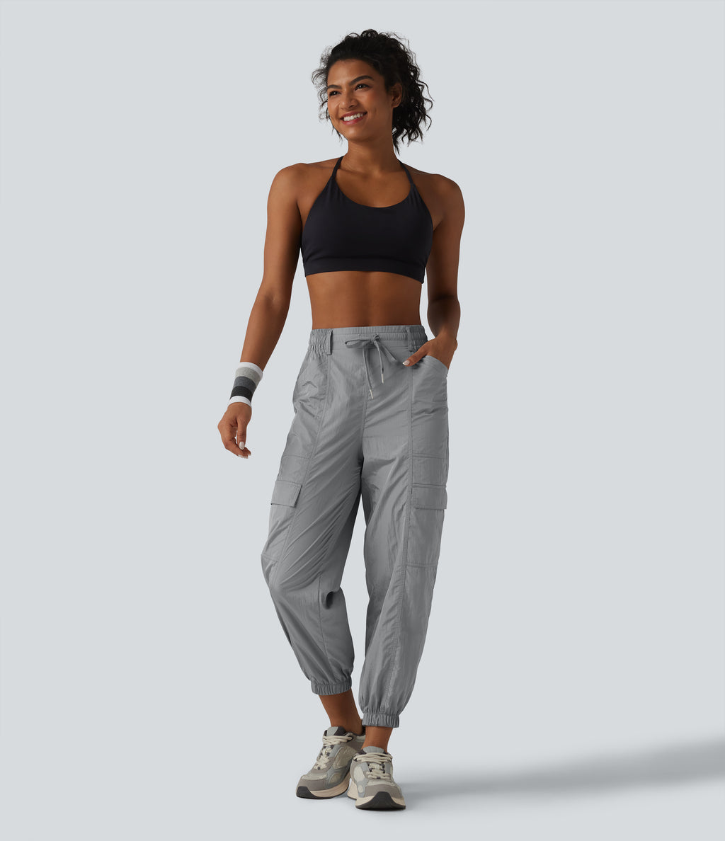 High Waisted Drawstring Tapered Workout Cargo Joggers with Pockets — Chiseled Stone — view 7