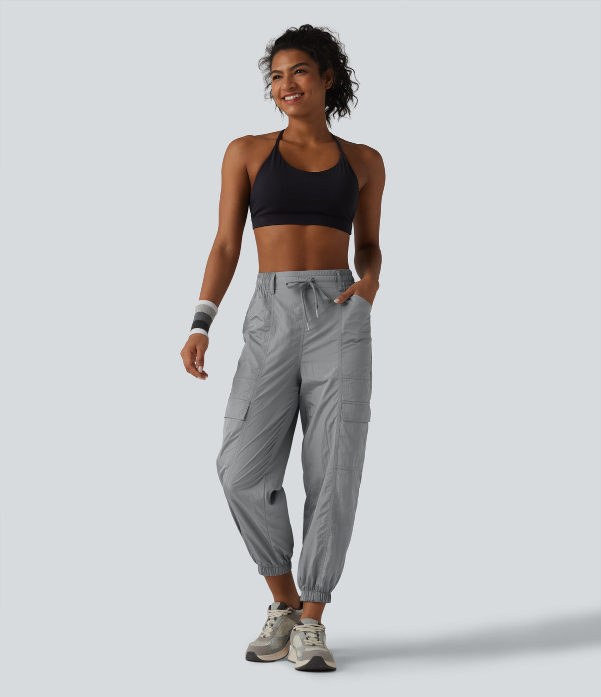 High Waisted Drawstring Tapered Workout Cargo Joggers with Pockets — Chiseled Stone — view 7