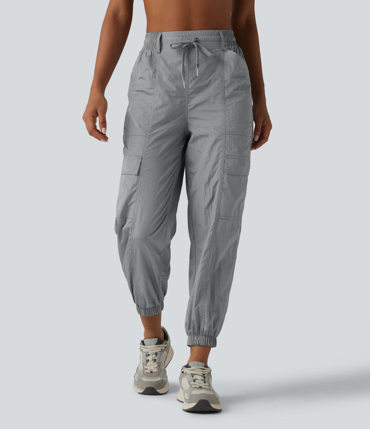 High Waisted Drawstring Tapered Workout Cargo Joggers with Pockets — Chiseled Stone — view 1