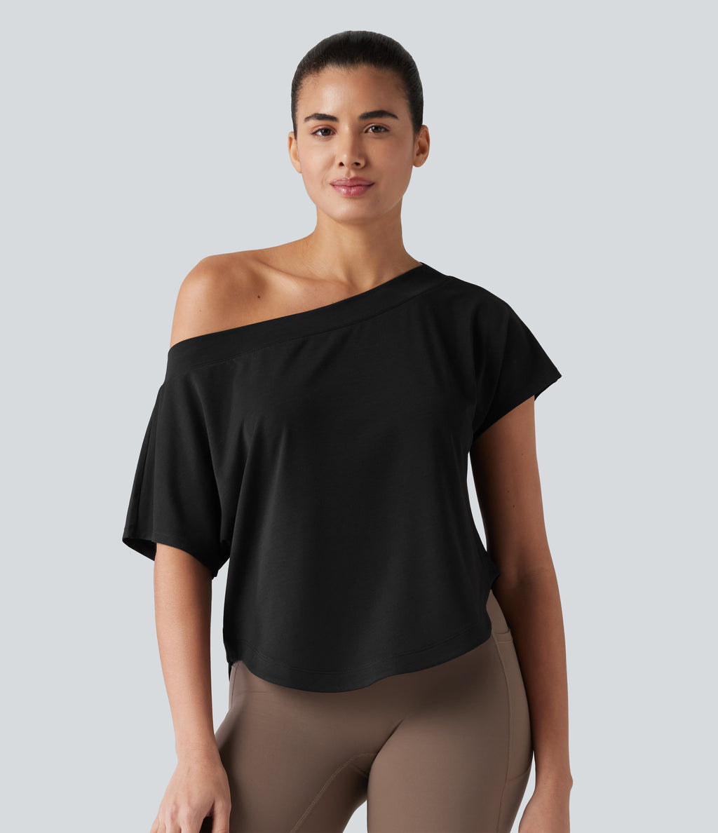 One Shoulder Short Sleeve Curved Hem High Low Quick Dry Yoga Sports Top — Black — view 4