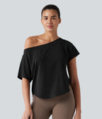 One Shoulder Short Sleeve Curved Hem High Low Quick Dry Yoga Sports Top — Black — view 4