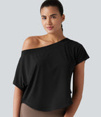 One Shoulder Short Sleeve Curved Hem High Low Quick Dry Yoga Sports Top — Black — view 1