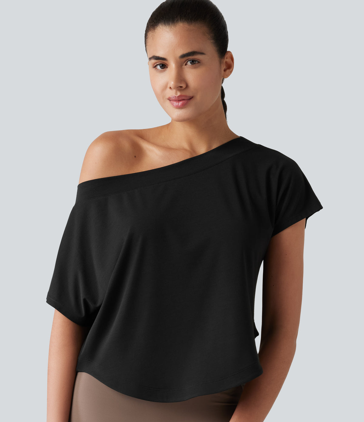 One Shoulder Short Sleeve Curved Hem High Low Quick Dry Yoga Sports Top — Black — view 1