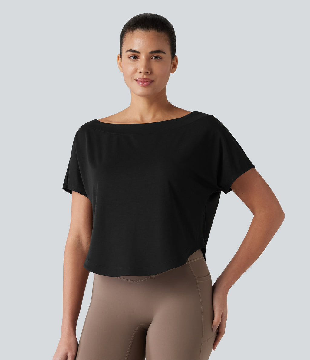 One Shoulder Short Sleeve Curved Hem High Low Quick Dry Yoga Sports Top — Black — view 6