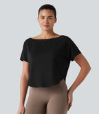 One Shoulder Short Sleeve Curved Hem High Low Quick Dry Yoga Sports Top — Black — view 6