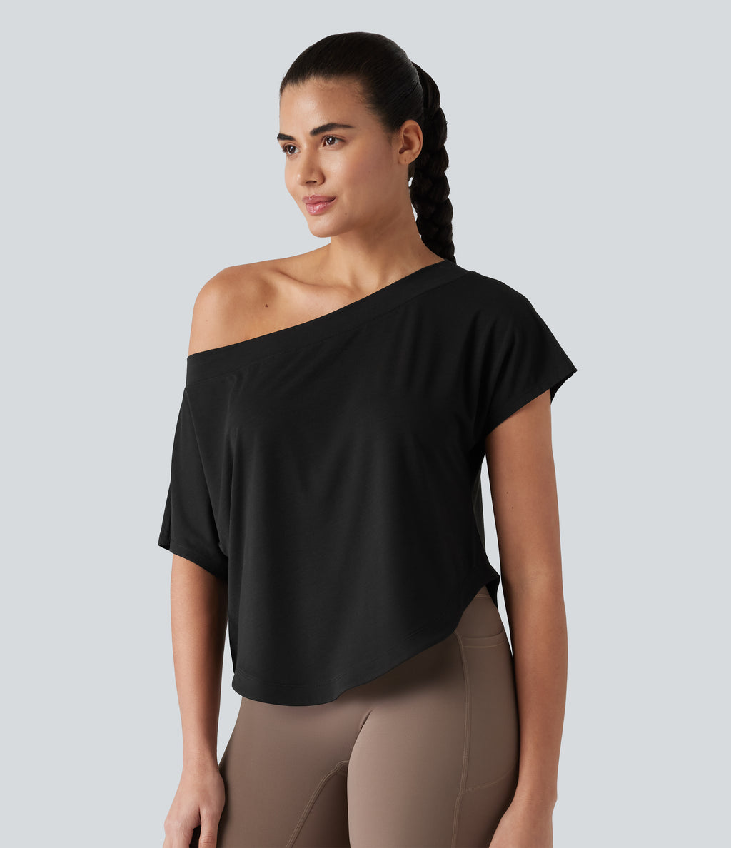 One Shoulder Short Sleeve Curved Hem High Low Quick Dry Yoga Sports Top — Black — view 3