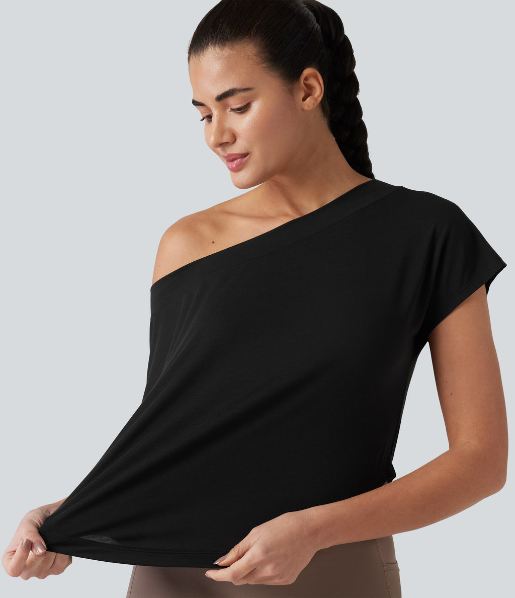 One Shoulder Short Sleeve Curved Hem High Low Quick Dry Yoga Sports Top — Black — view 5