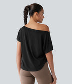 One Shoulder Short Sleeve Curved Hem High Low Quick Dry Yoga Sports Top — Black — view 2