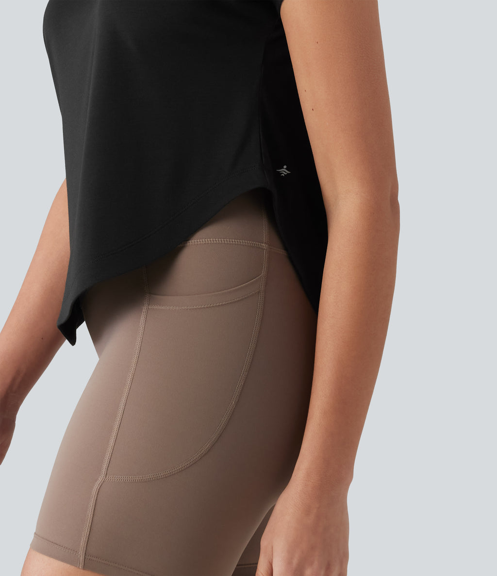 One Shoulder Short Sleeve Curved Hem High Low Quick Dry Yoga Sports Top — Black — view 7