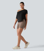 One Shoulder Short Sleeve Curved Hem High Low Quick Dry Yoga Sports Top — Black — view 8