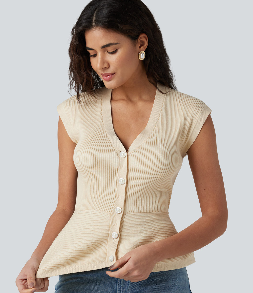 V-neck Sleeveless Work Peplum Cardigan — Baby's Breath — view 5
