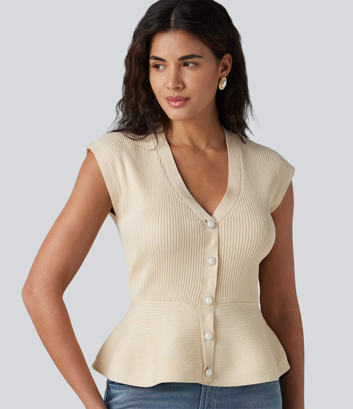 V-neck Sleeveless Work Peplum Cardigan — Baby's Breath — view 4