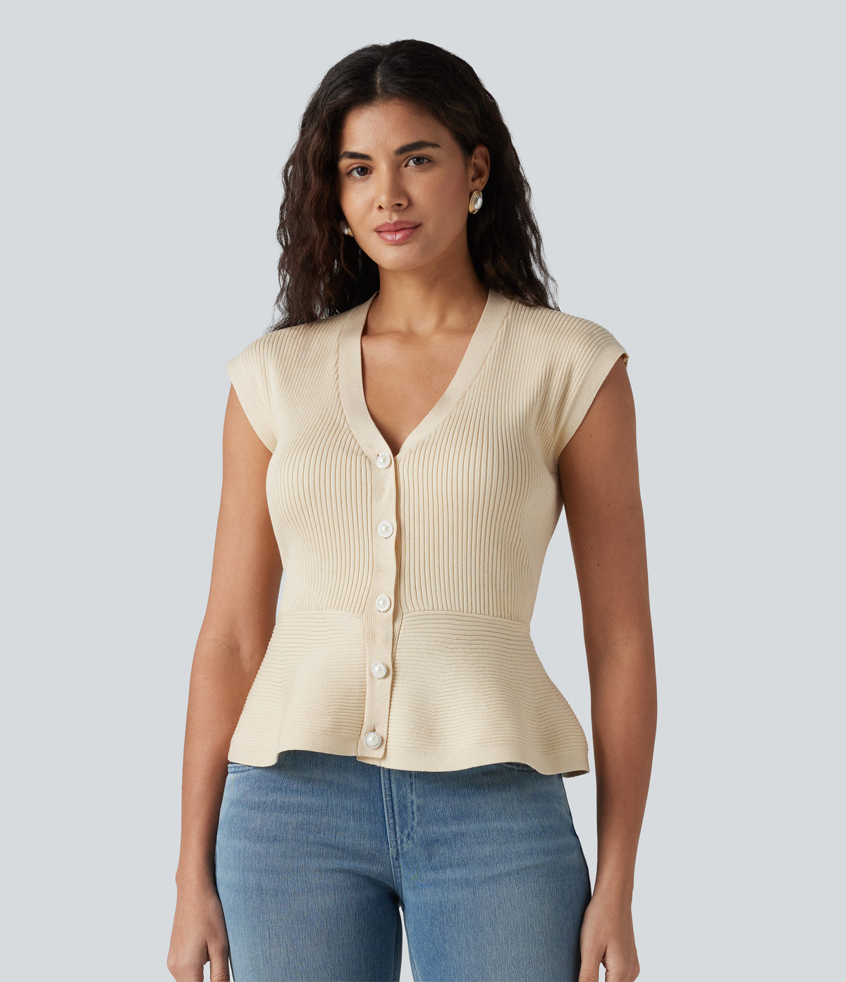 V-neck Sleeveless Work Peplum Cardigan — Baby's Breath — view 1